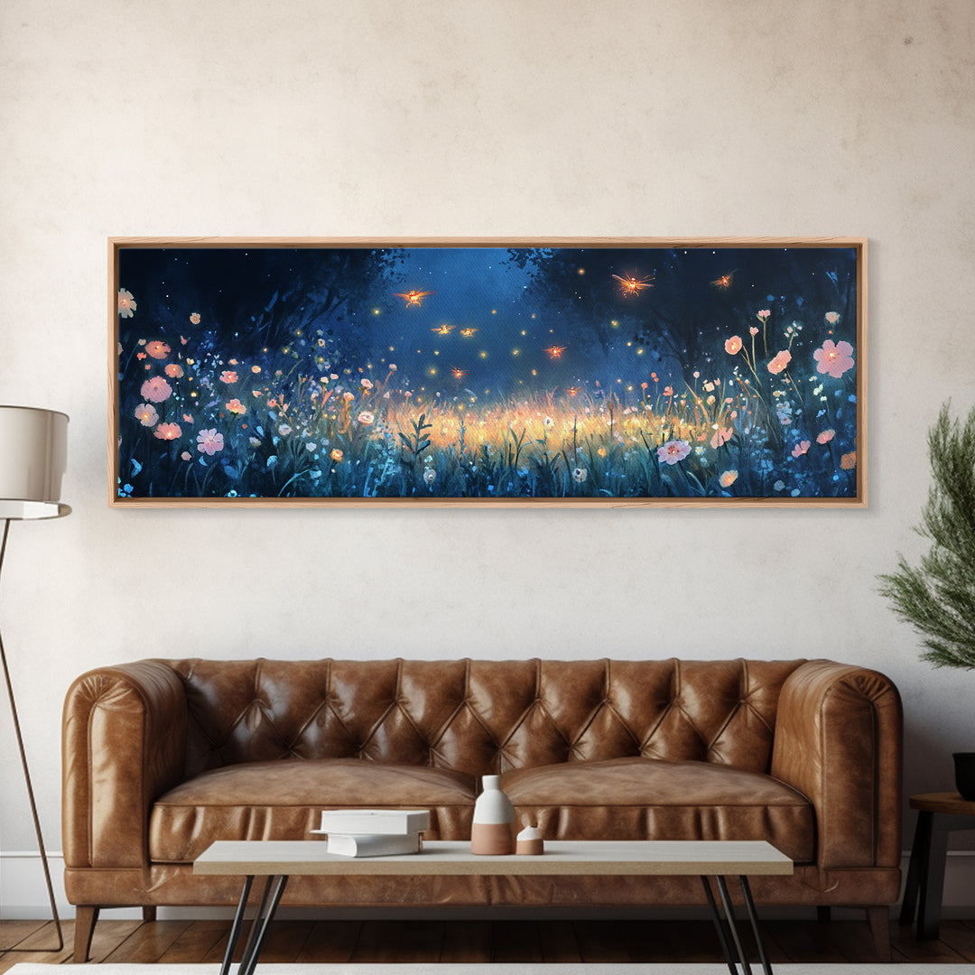 Firefly Night Meadow With Soft Wildflowers Framed Canvas Print, Whimsical Wall Art, Dark Floral Decor, Bedroom Wall Decor