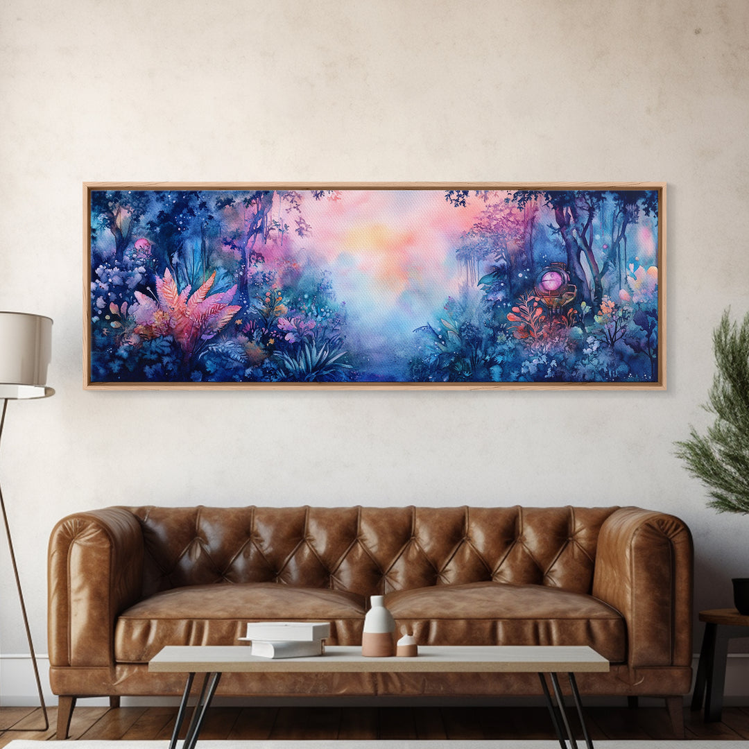 Enchanted Tropical Garden With Misty Pastel Light Wall Art, Botanical Watercolor Print, Whimsical Decor, Nature Wall Art