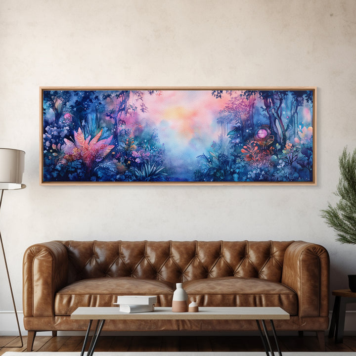 Enchanted Tropical Garden With Misty Pastel Light Wall Art, Botanical Watercolor Print, Whimsical Decor, Nature Wall Art