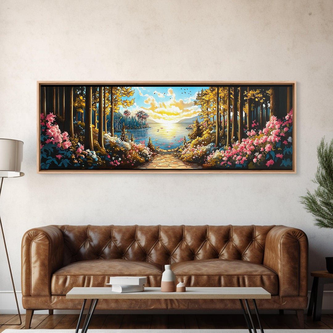 Sunlit Forest Lake Path With Pink Flowers Wall Art, Panoramic Canvas Print For Living Room Decor And Nature Home Decor Gift