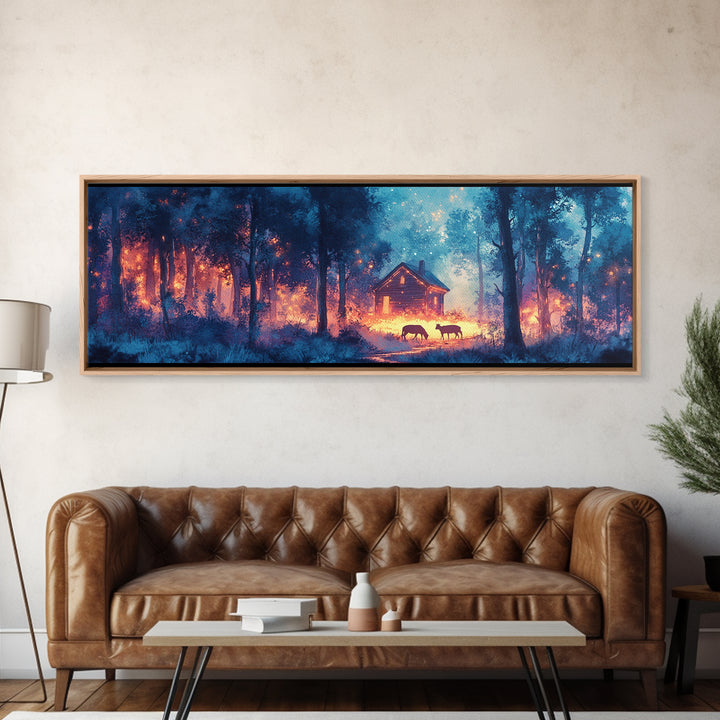 Glowing Cabin In Blue Twilight Forest Framed Canvas Print, Moody Landscape Wall Art For Rustic Home Decor And Office Decor