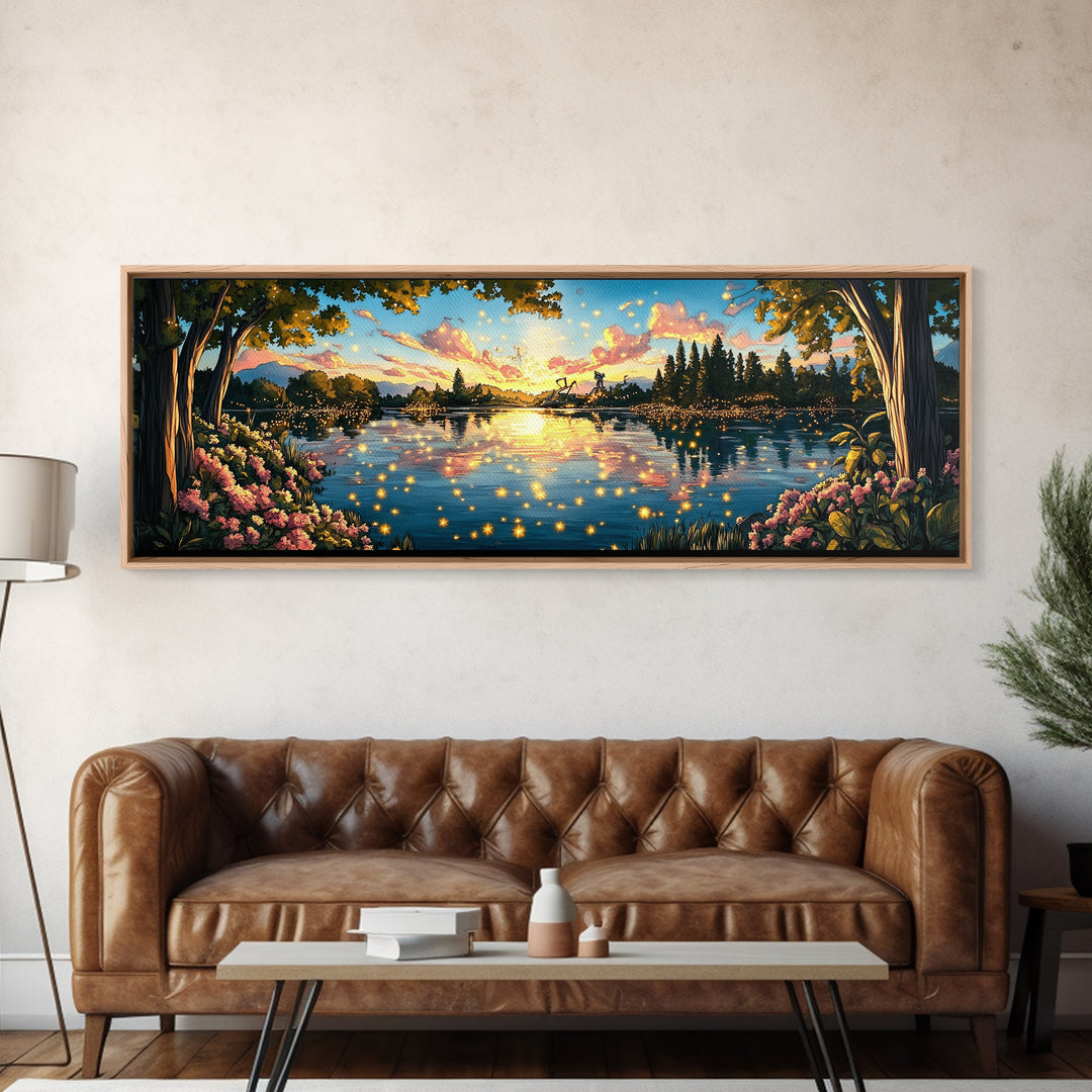 Golden Sunset Lake With Fireflies And Pink Blossoms Canvas Print, Romantic Nature Wall Art For Bedroom Decor And Home Decor