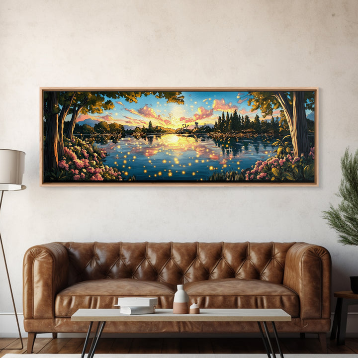 Golden Sunset Lake With Fireflies And Pink Blossoms Canvas Print, Romantic Nature Wall Art For Bedroom Decor And Home Decor