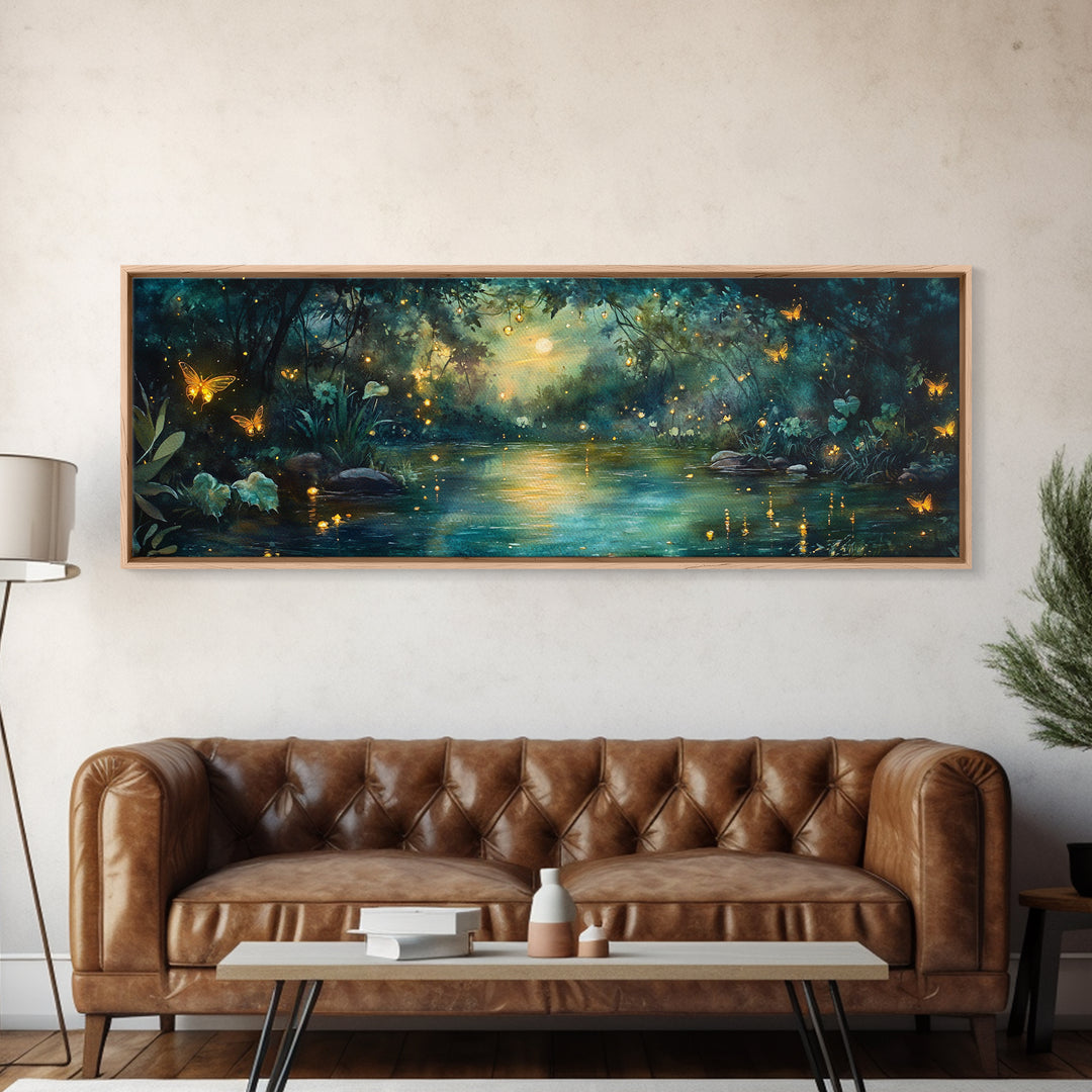 Enchanted Moonlit River With Fireflies And Butterflies Wall Art, Moody Fantasy Canvas Print For Bedroom Decor And Cozy Home Decor