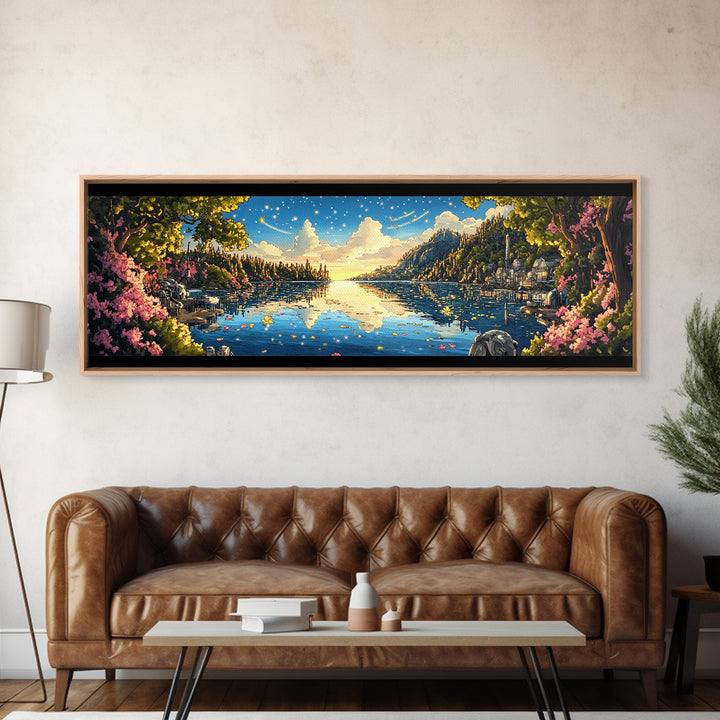 Starry Mountain Lake Village With Pink Flowers Framed Canvas Print, Panoramic Landscape Wall Art For Living Room Decor And Home Decor