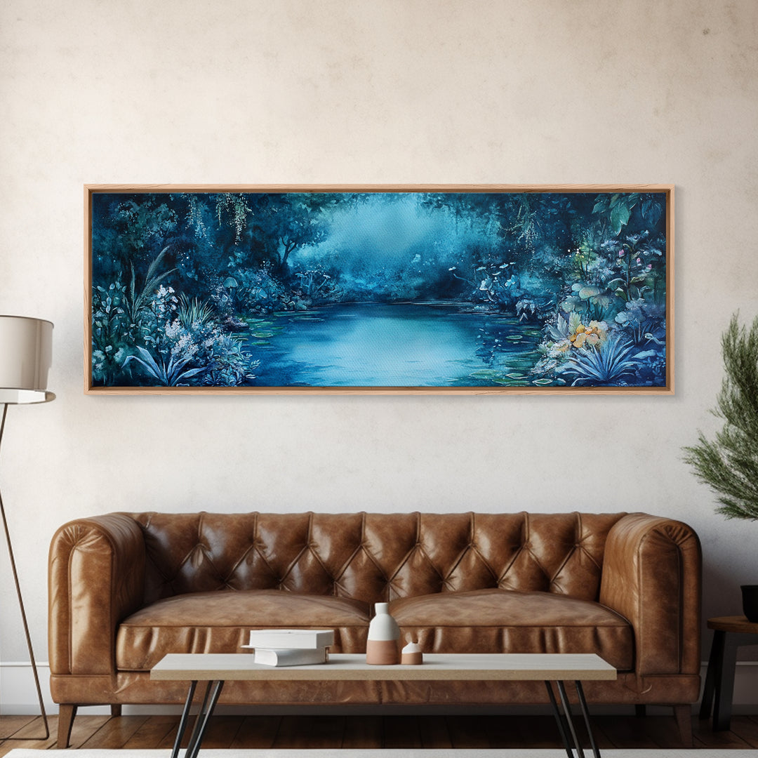Misty Blue Jungle River With Wildlife And Orchids Canvas Print, Serene Nature Wall Art For Spa Decor And Bathroom Wall Decor