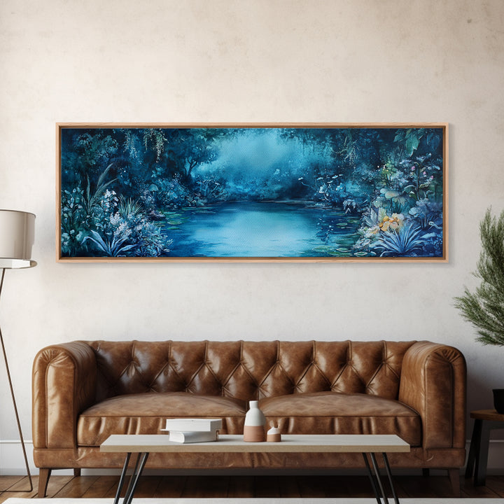 Misty Blue Jungle River With Wildlife And Orchids Canvas Print, Serene Nature Wall Art For Spa Decor And Bathroom Wall Decor