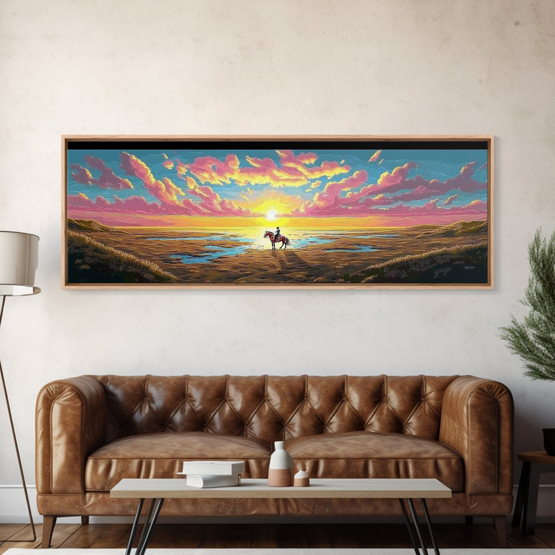 Lone Horse Rider On Sunset Beach Canvas Print, Western Coastal Wall Art For Ranch Decor, Gift For Him And Living Room Decor