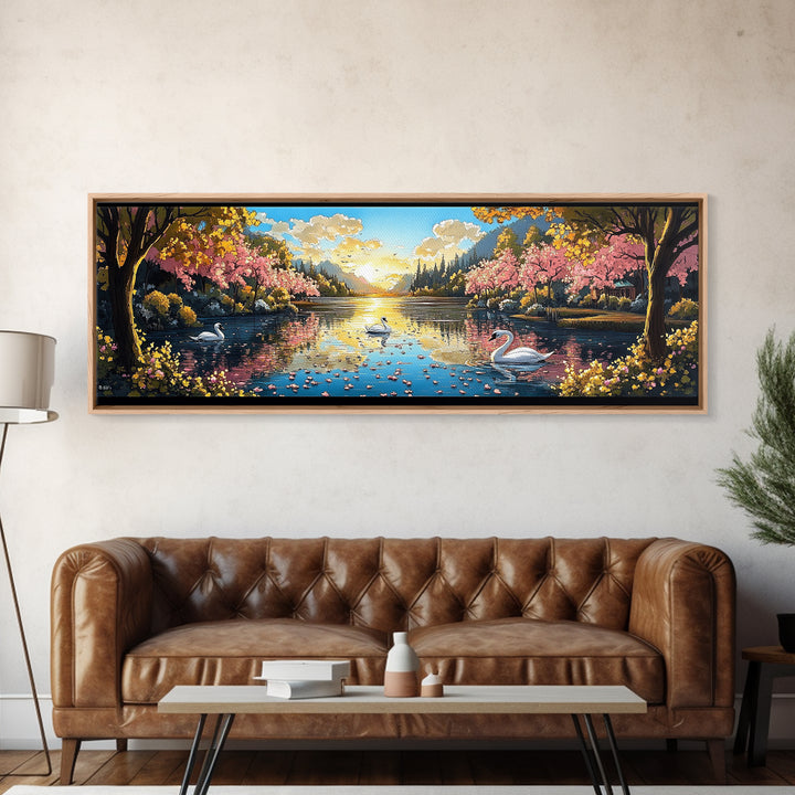 Swans On Golden Lake With Cherry Blossoms Framed Canvas Print, Romantic Landscape Wall Art For Bedroom Decor And Home Decor