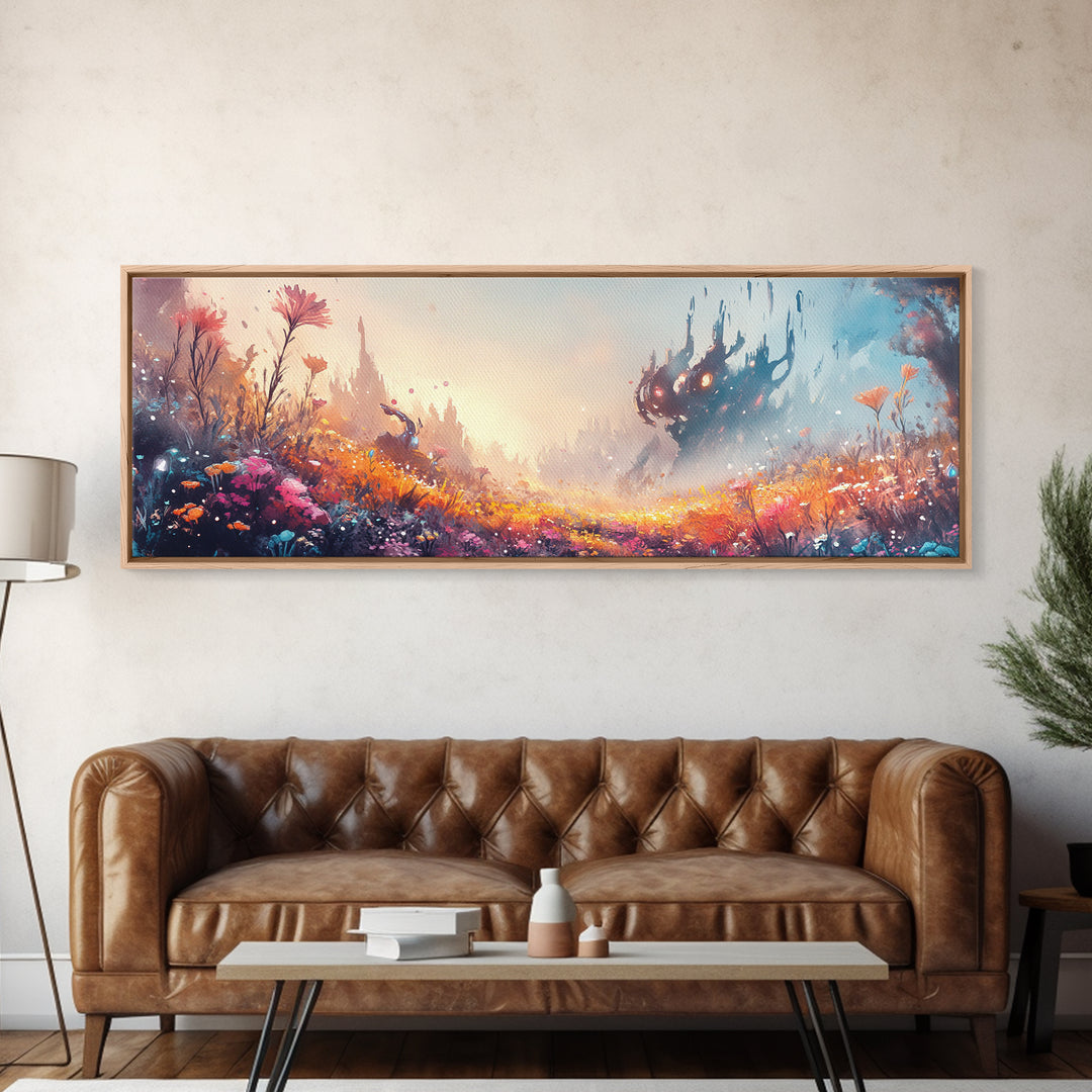 Misty Fantasy Flower Field With Dark Castle Canvas Print, Surreal Landscape Wall Art, Colorful Whimsical Bedroom Decor Gift