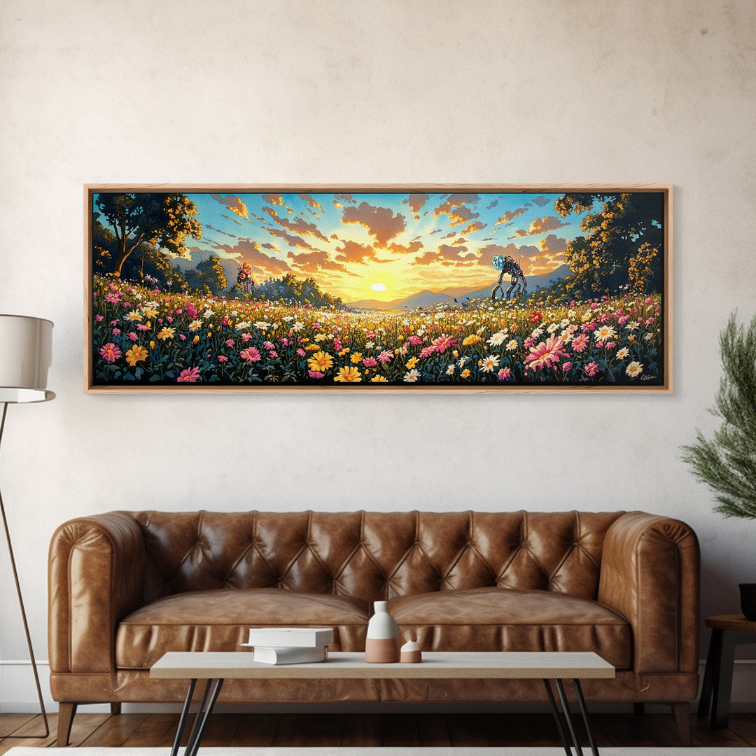 Sunrise Daisy Meadow With Tiny Robots Framed Canvas Print, Panoramic Floral Wall Art, Bright Farmhouse Living Room Decor