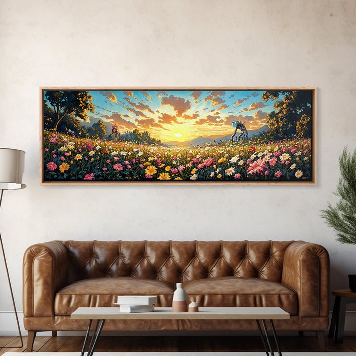 Sunrise Daisy Meadow With Tiny Robots Framed Canvas Print, Panoramic Floral Wall Art, Bright Farmhouse Living Room Decor