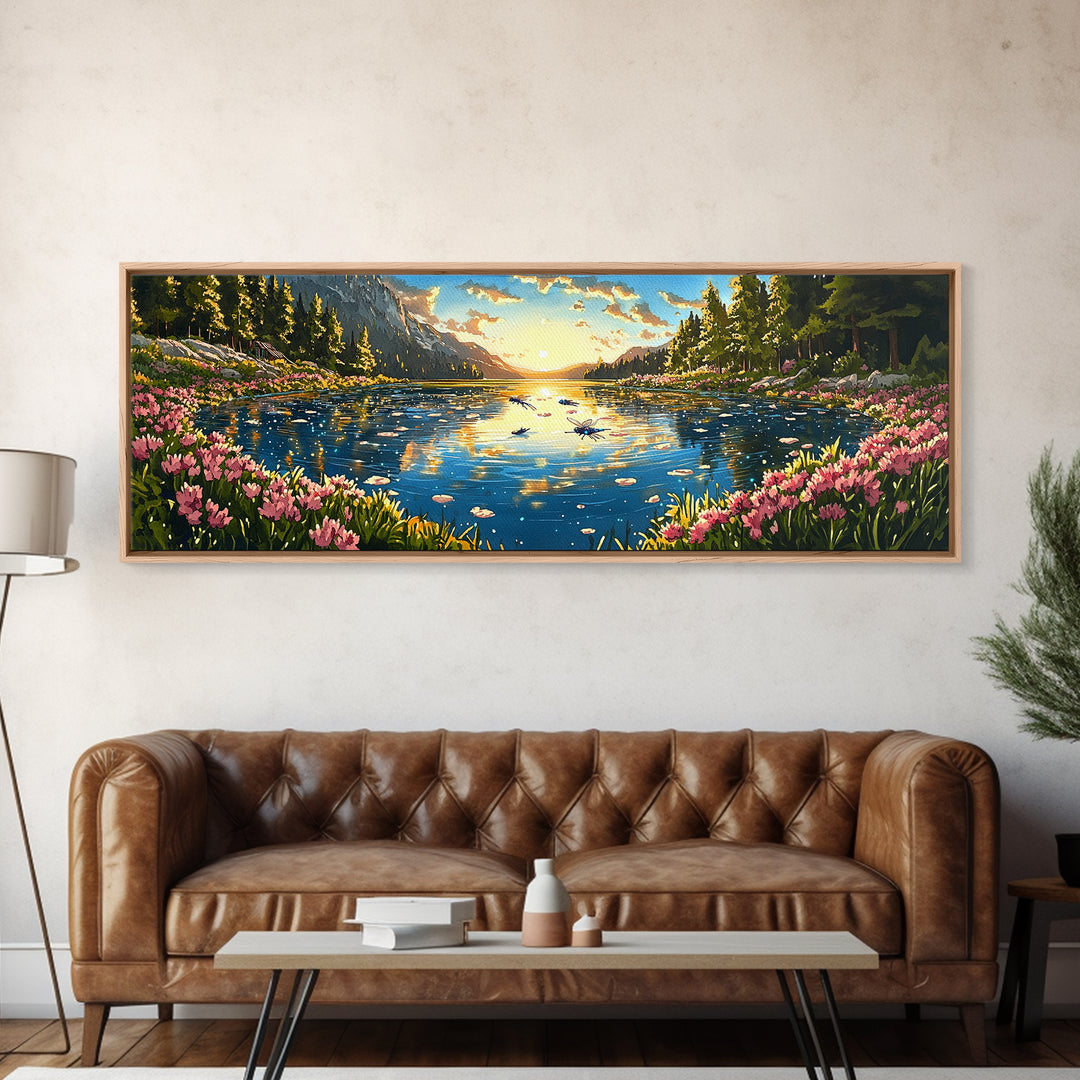 Sparkling Mountain Lake With Pink Wildflowers Canvas Print, Panoramic Landscape Wall Art, Nature Decor For Living Room Gift