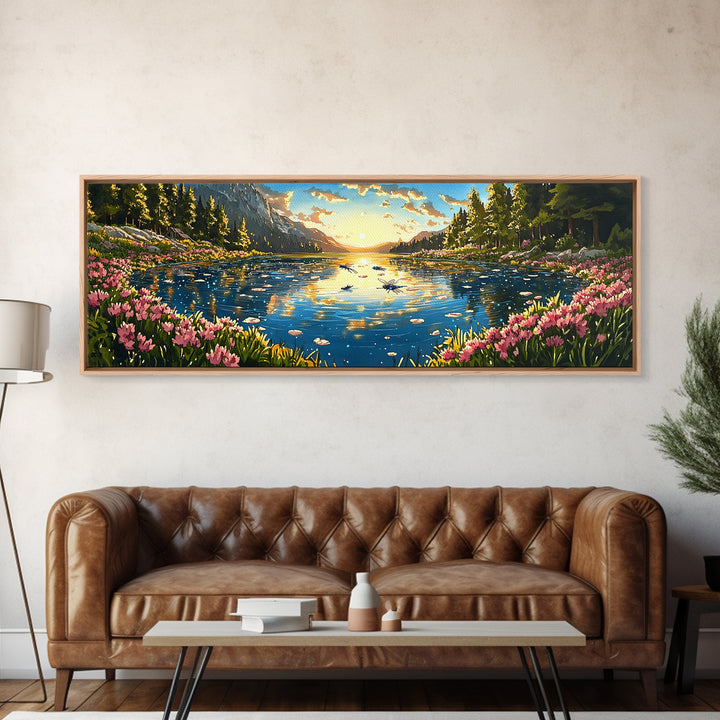 Sparkling Mountain Lake With Pink Wildflowers Canvas Print, Panoramic Landscape Wall Art, Nature Decor For Living Room Gift