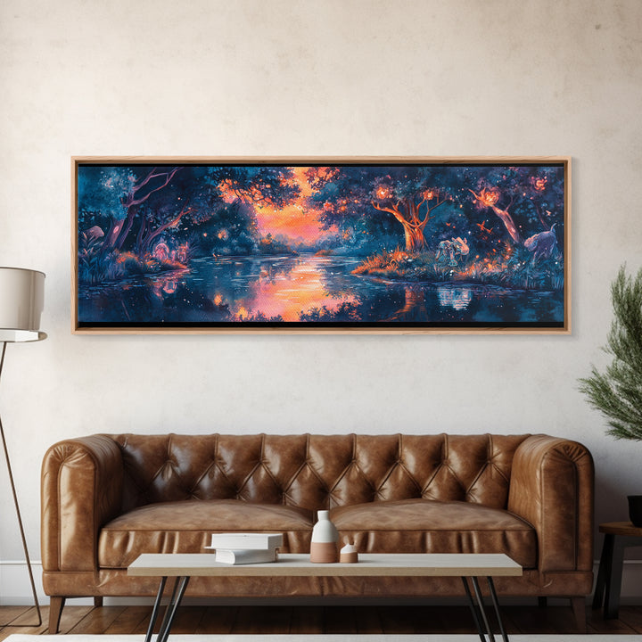 Enchanted Twilight Forest Lake Wall Art, Magical Firefly Landscape Canvas, Fantasy Woodland Decor, Panoramic Nature Print