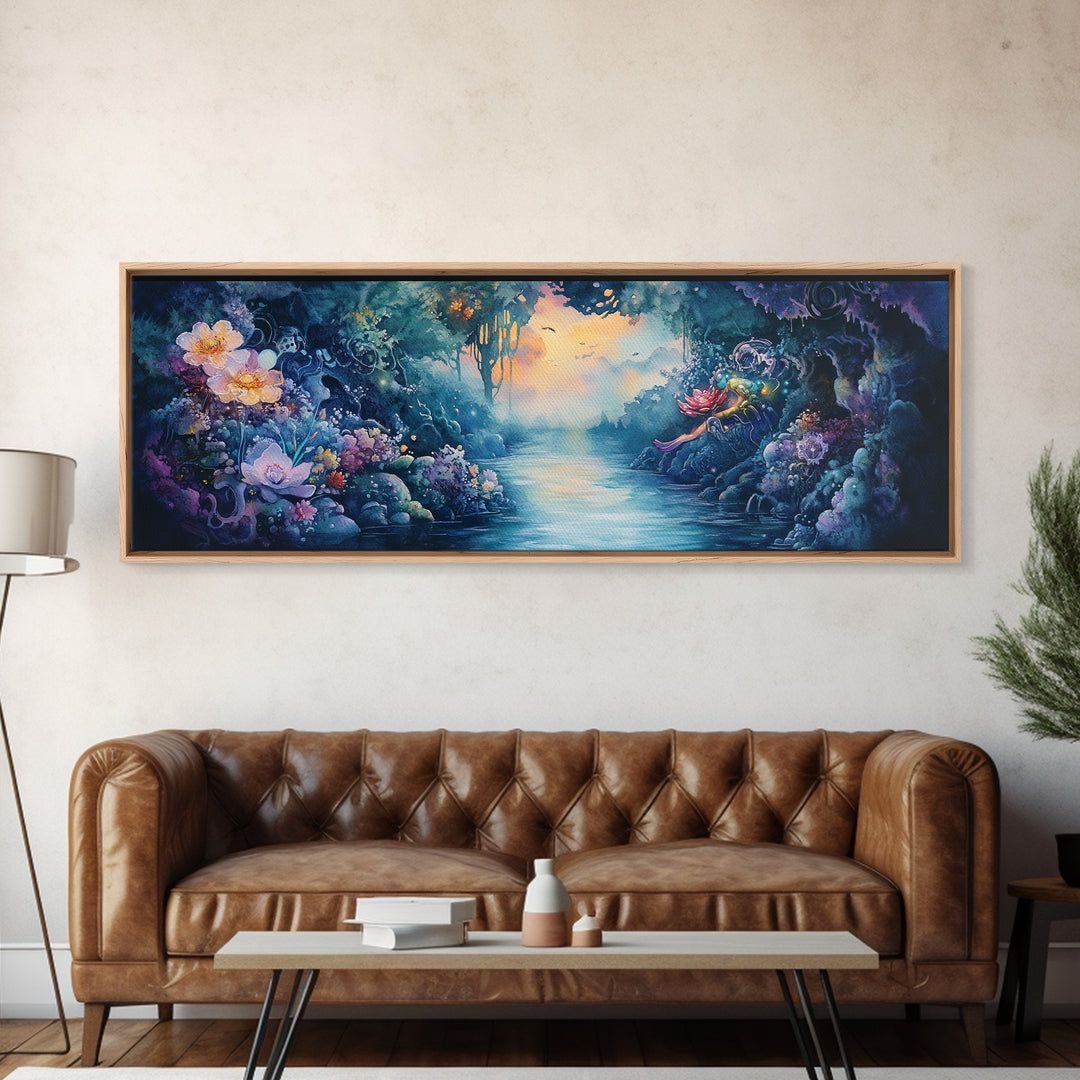Mystical Flower Grotto River Wall Art, Fantasy Botanical Canvas Print, Whimsical Fairycore Decor, Dreamy Landscape Art Print