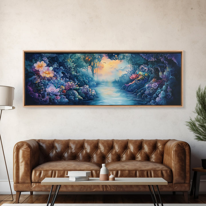 Mystical Flower Grotto River Wall Art, Fantasy Botanical Canvas Print, Whimsical Fairycore Decor, Dreamy Landscape Art Print