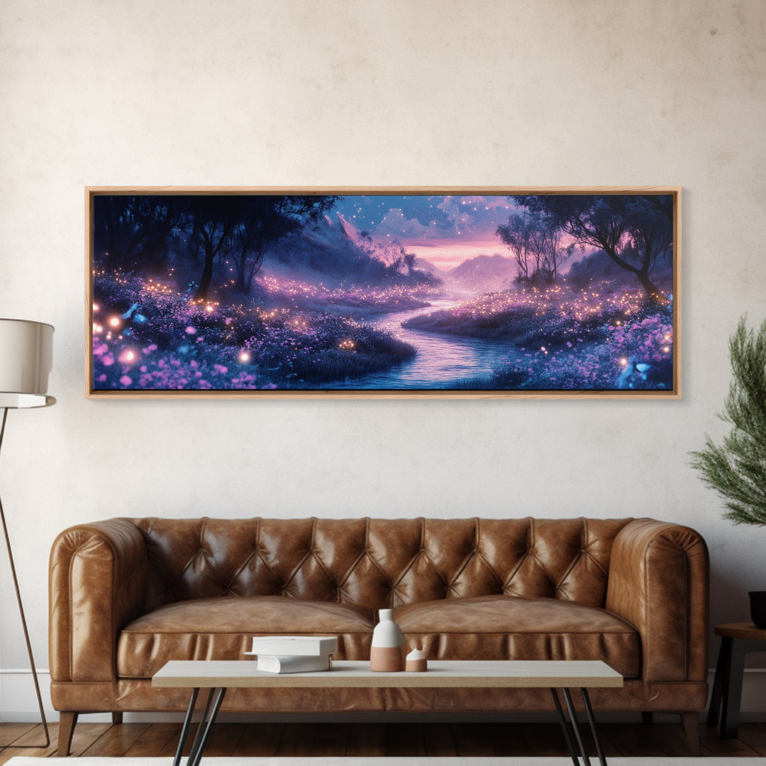 Glowing Purple Meadow Stream Wall Art, Twilight Firefly Landscape Canvas Print, Dreamy Forest Decor, Magical Nature Art Gift