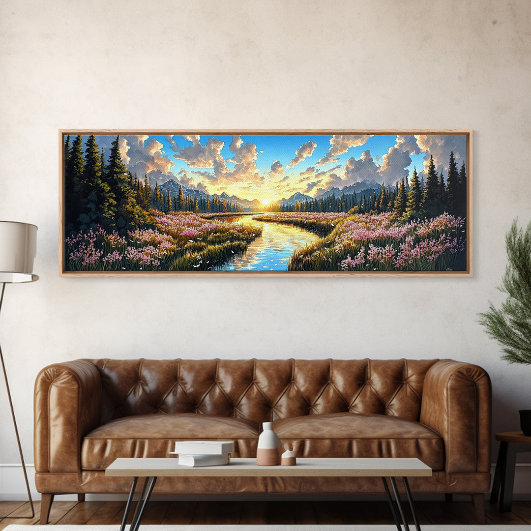 Alpine Mountain Meadow Creek Wall Art, Sunrise Wildflower Landscape Canvas Print, Cabin Decor, Living Room Wall Decor, Nature Art