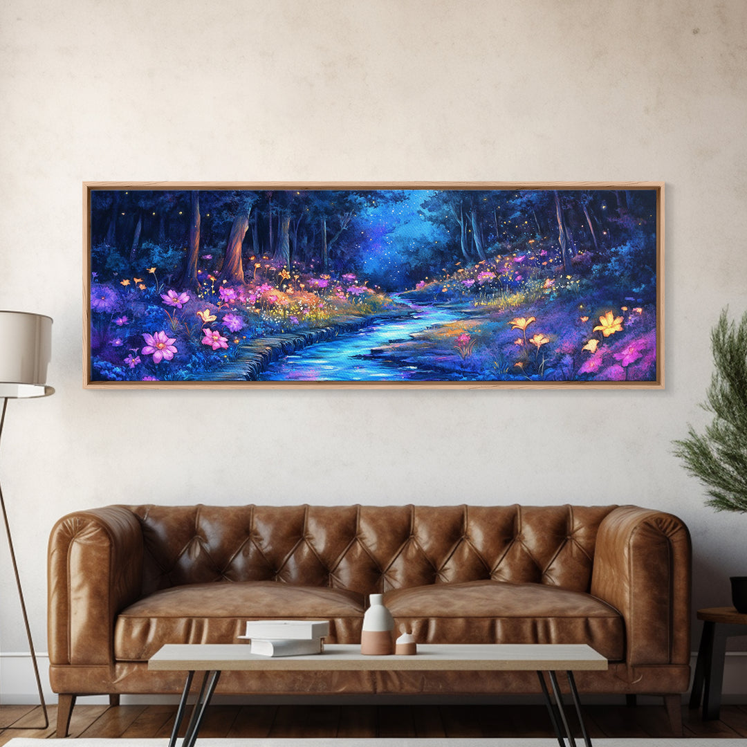 Moonlit Blue Forest Stream Wall Art, Glowing Wildflower Landscape Canvas Print, Fairy Garden Decor, Magical Nature Art Gift