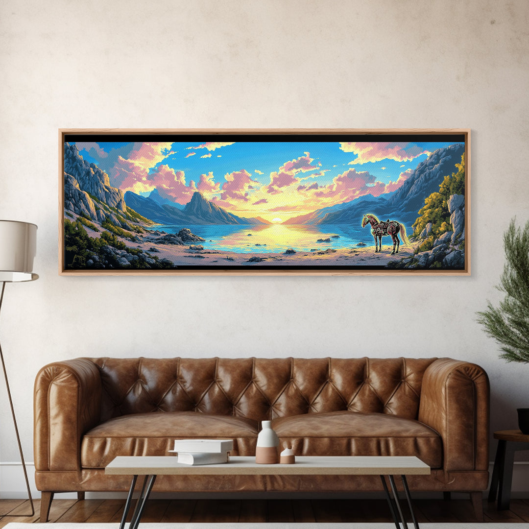 Pastel Mountain Cove With Zebra Wall Art, Fantasy Coastal Landscape Canvas Print, Surreal Beach Decor, Colorful Nature Art
