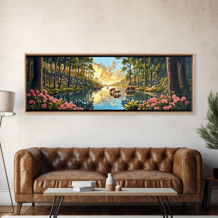 Sunlit Forest River With Wild Horses Wall Art, Panoramic Canvas Print, Nature Landscape, Living Room Decor, Housewarming Gift