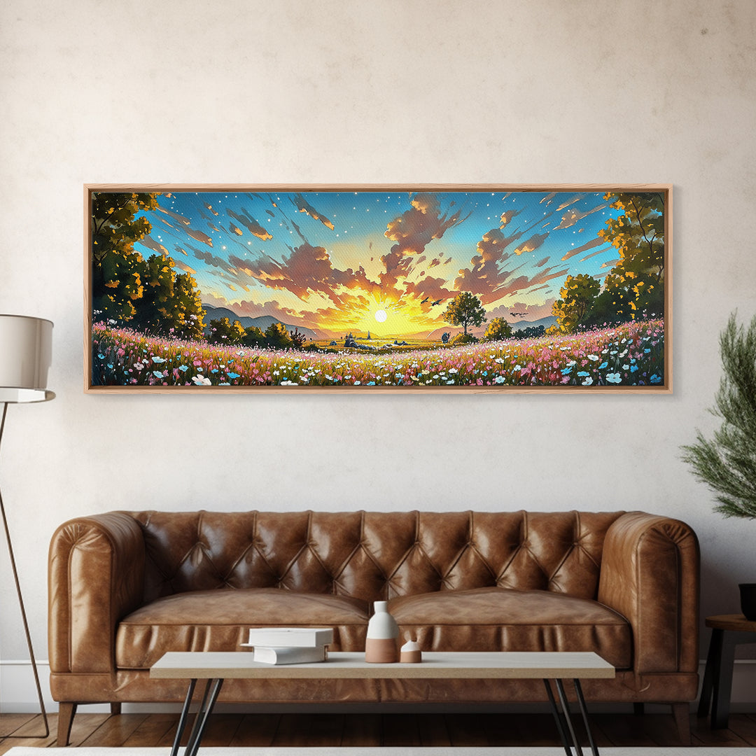 Golden Sunrise Wildflower Meadow Wall Art, Wide Horizontal Canvas Print, Landscape Art, Above Sofa Decor, Modern Home Decor