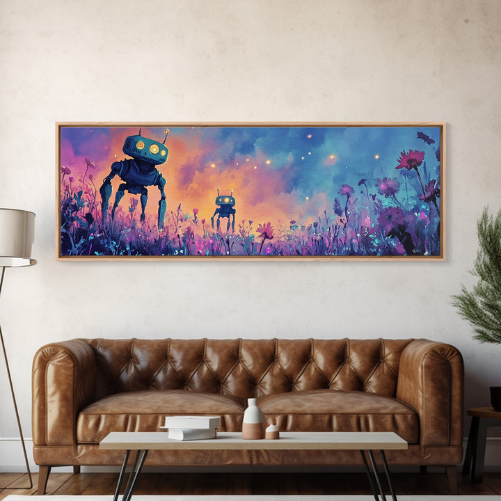 Cute Robots In Pastel Wildflower Field Wall Art, Whimsical Canvas Print, Sci Fi Decor, Kids Room Art, Unique Gift, Nursery Decor