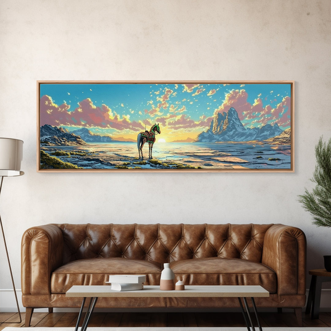 Solitary Horse At Alpine Sunrise Canvas Print, Panoramic Mountain Lake Wall Art, Western Decor, Living Room Decor, Home Decor