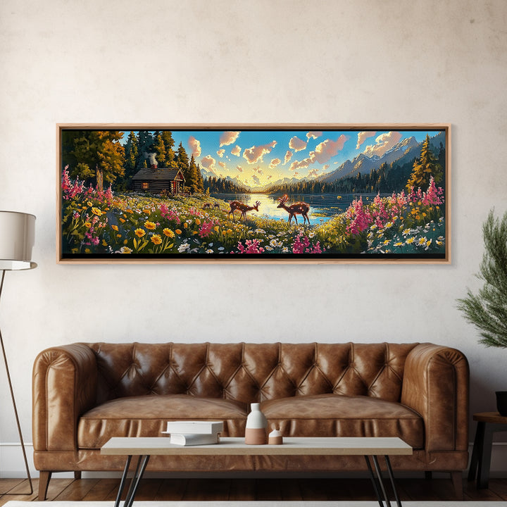 Rustic Cabin With Deer And Wildflowers Framed Canvas Print, Mountain Lake Wall Art, Farmhouse Decor, Housewarming Gift, Living Room Decor