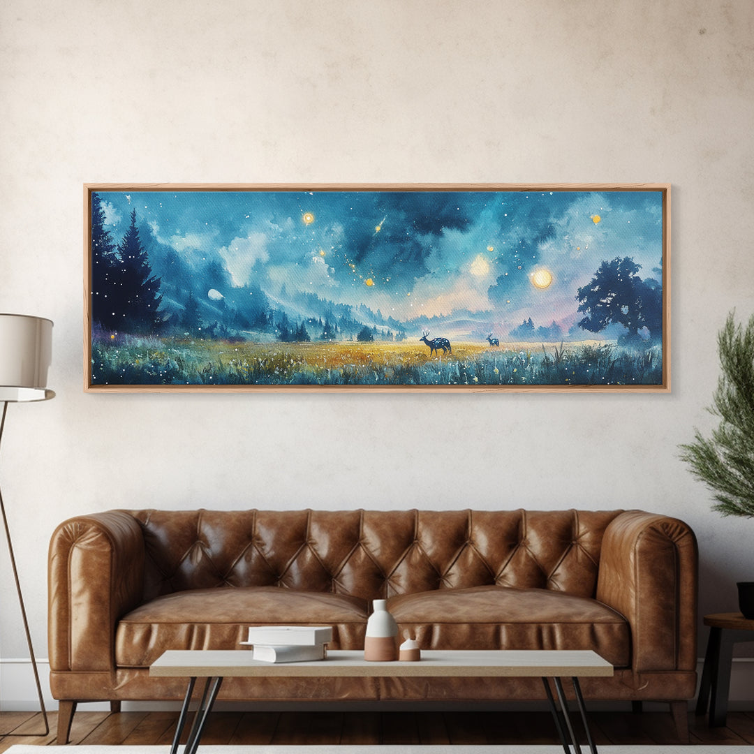 Moonlit Blue Meadow With Deer And Fireflies Wall Art, Dreamy Landscape Canvas Print, Celestial Decor, Calming Bedroom Decor