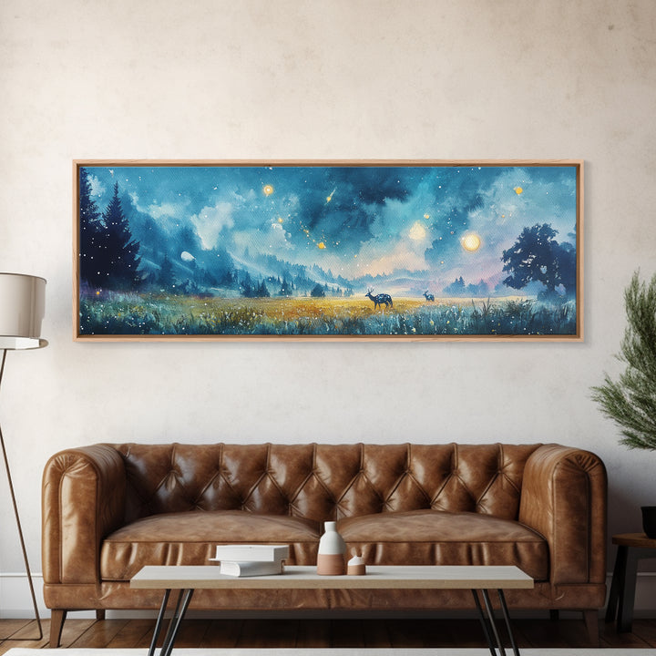 Moonlit Blue Meadow With Deer And Fireflies Wall Art, Dreamy Landscape Canvas Print, Celestial Decor, Calming Bedroom Decor