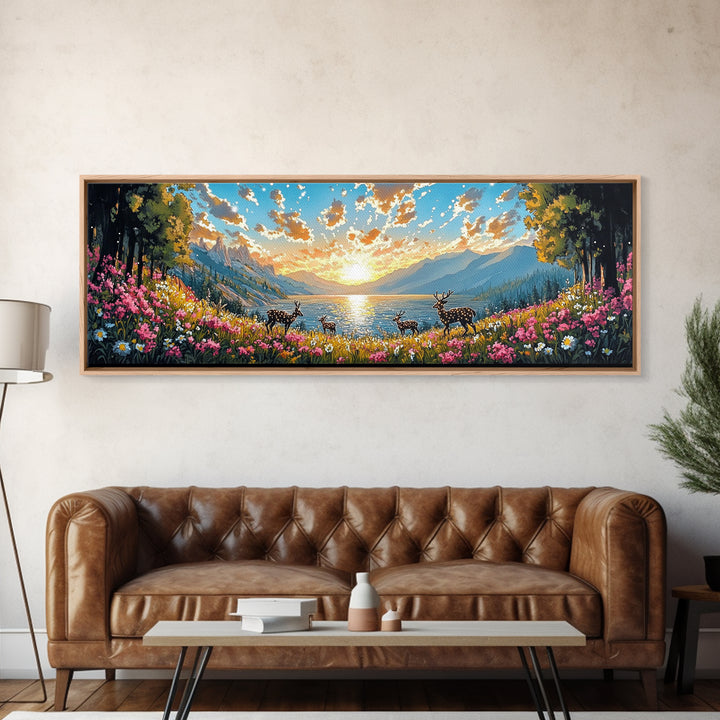 Deer Herd At Golden Alpine Lake Sunrise Wall Art, Wildflower Mountain Landscape Canvas Print, Large Living Room Decor, Housewarming Gift