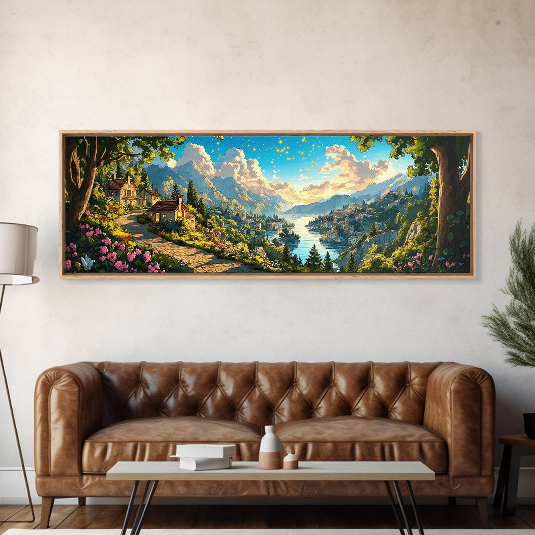 Sunlit Lakeside Village And Mountain Garden Canvas Print, Italian Landscape Wall Art, Travel Poster, Elegant Home Decor, Fine Art Print