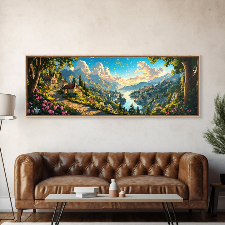 Sunlit Lakeside Village And Mountain Garden Canvas Print, Italian Landscape Wall Art, Travel Poster, Elegant Home Decor, Fine Art Print