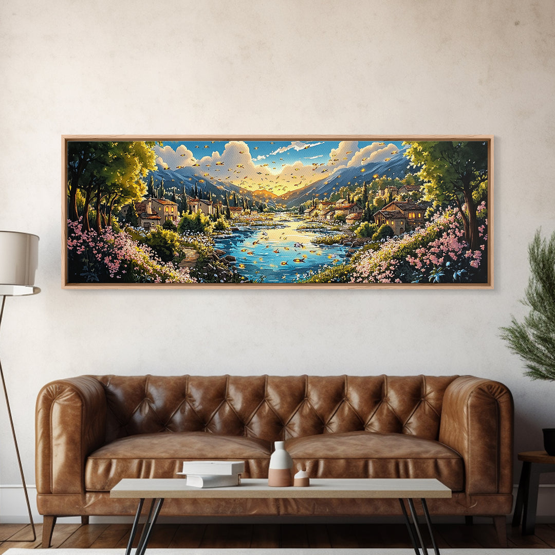Sunny Mountain River Village With Wildflowers Wall Art, Panoramic Landscape Canvas Print, Rustic Home Decor, Above Sofa Art