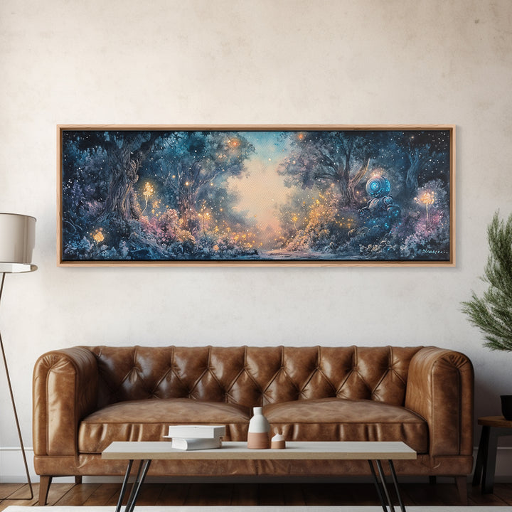 Enchanted Blue Forest With Glowing Fireflies Wall Art, Fantasy Landscape Canvas Print, Magical Woodland Living Room Decor