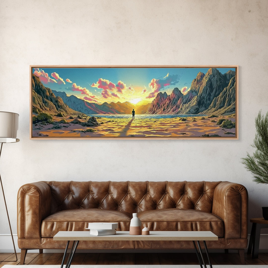 Radiant Mountain Sunrise Valley With Lone Wanderer Wall Art, Panoramic Landscape Canvas Print, Large Modern Living Room Decor