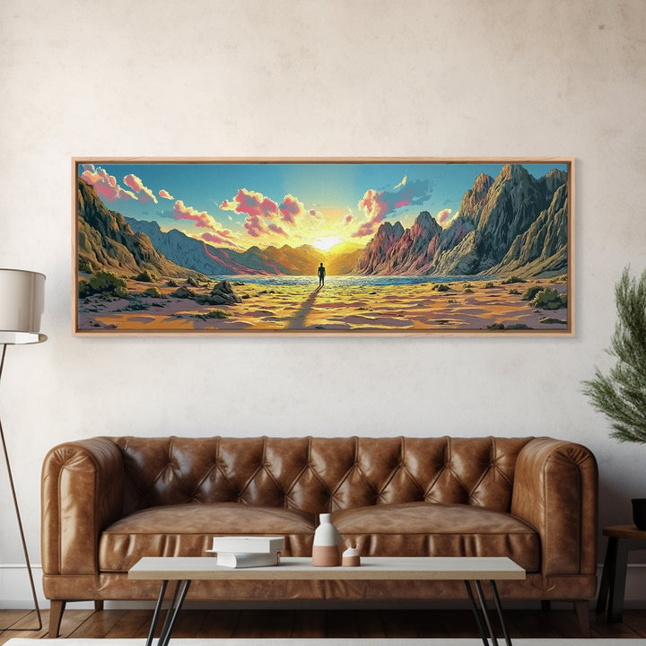 Radiant Mountain Sunrise Valley With Lone Wanderer Wall Art, Panoramic Landscape Canvas Print, Large Modern Living Room Decor