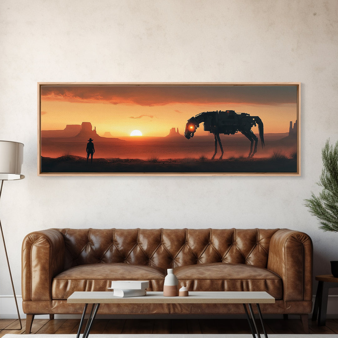 Cyberpunk Cowboy And Mechanical Horse At Sunset Wall Art, Sci Fi Western Canvas Print, Desert Landscape Man Cave Office Decor