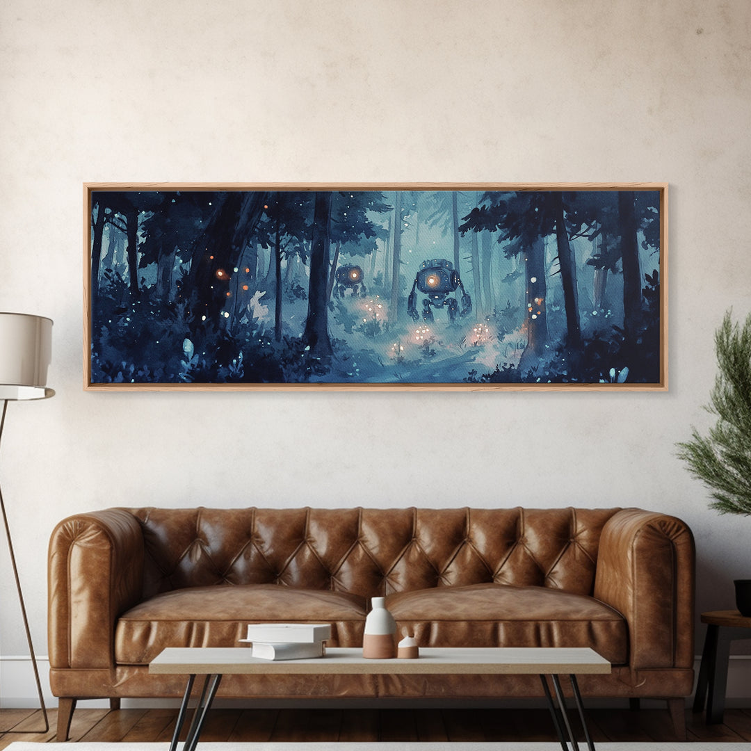 Misty Blue Forest Robots With Glowing Lantern Eyes Wall Art, Sci Fi Fantasy Canvas Print, Moody Woodland Home Office Decor