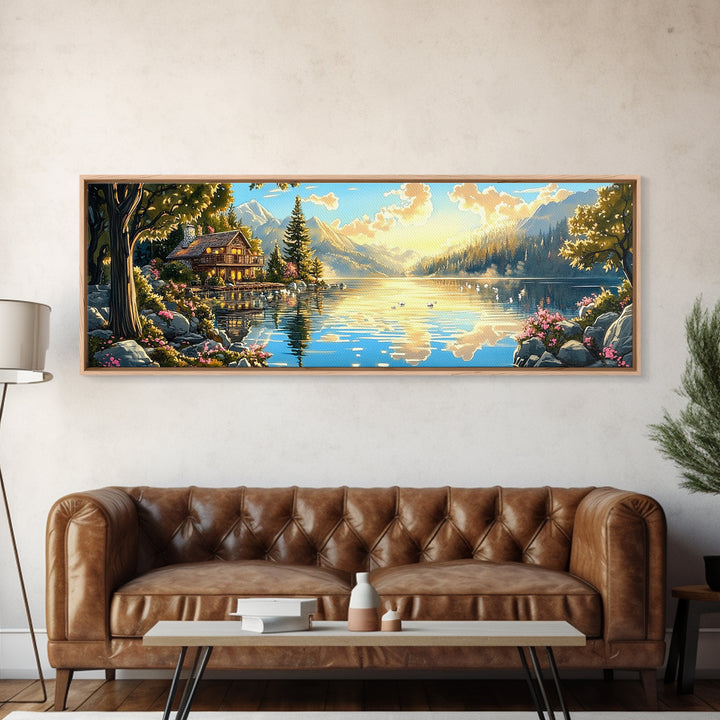 Alpine Lake Cabin With Mountain Reflections Wall Art, Panoramic Landscape Canvas Print, Rustic Lodge Home Living Room Decor