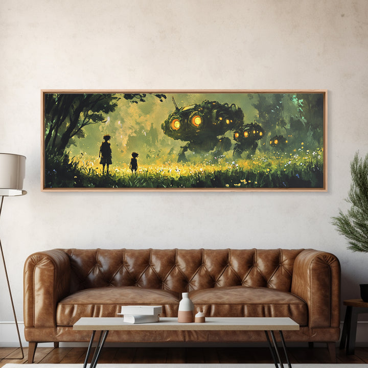 Children In Glowing Meadow Watching Flying Robots Wall Art, Sci Fi Fantasy Canvas Print, Whimsical Futuristic Home Decor