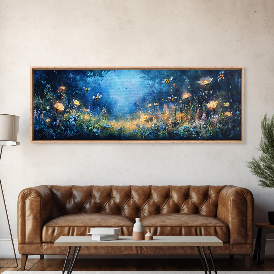 Glowing Firefly Wildflower Night Meadow Canvas Print, Whimsical Wall Art, Moody Botanical Art, Dark Blue Wall Decor, Bedroom Decor