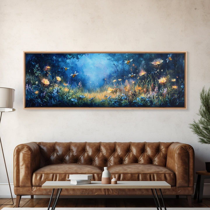 Glowing Firefly Wildflower Night Meadow Canvas Print, Whimsical Wall Art, Moody Botanical Art, Dark Blue Wall Decor, Bedroom Decor
