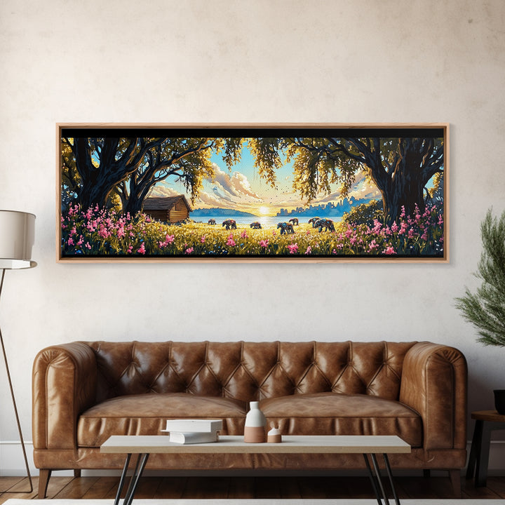 Rustic Lakeside Cabin Horse Meadow Framed Canvas Print, Country Wall Art, Farmhouse Decor, Landscape Wall Decor, Lake House Decor