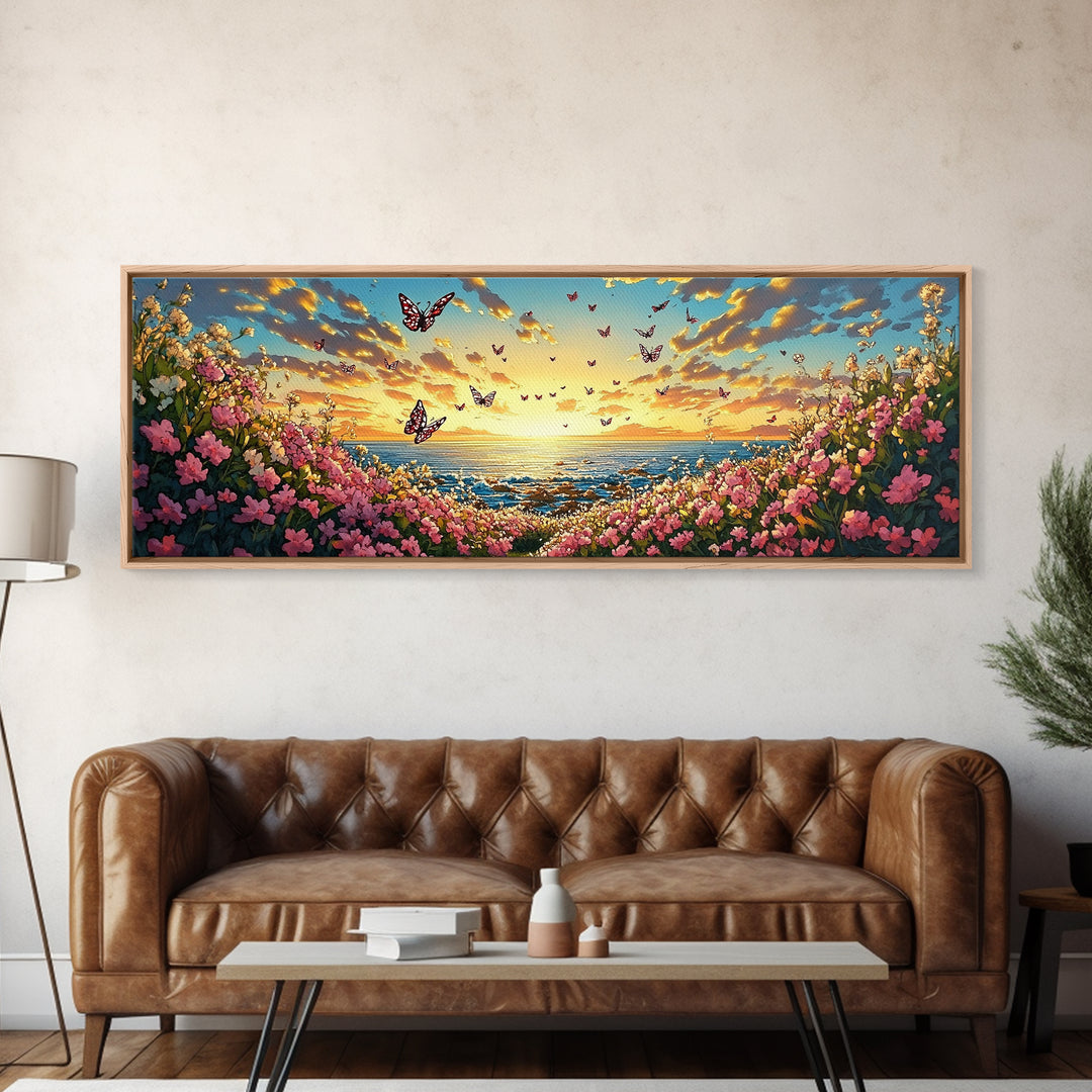 Butterfly Ocean Sunset Pink Flower Canvas Print, Coastal Wall Art, Romantic Bedroom Art, Beach House Decor, Gift For Her
