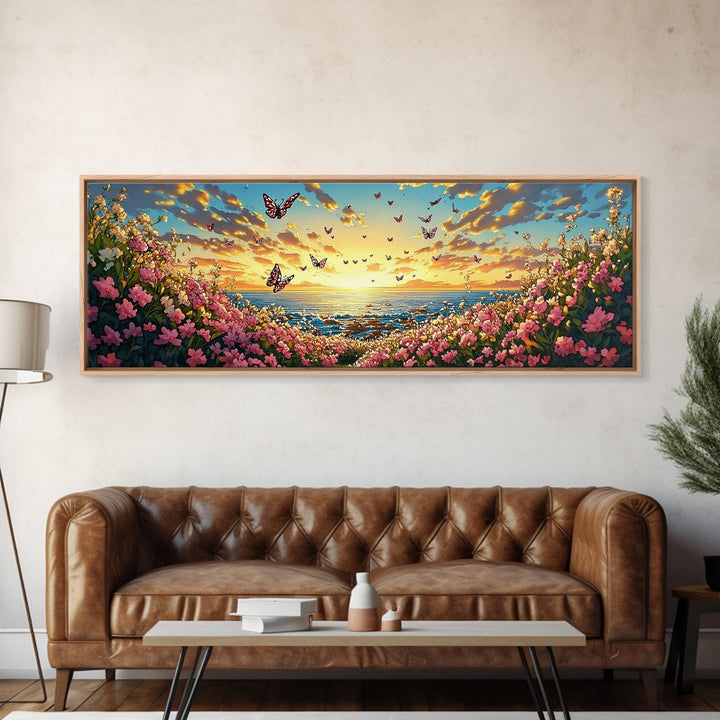 Butterfly Ocean Sunset Pink Flower Canvas Print, Coastal Wall Art, Romantic Bedroom Art, Beach House Decor, Gift For Her