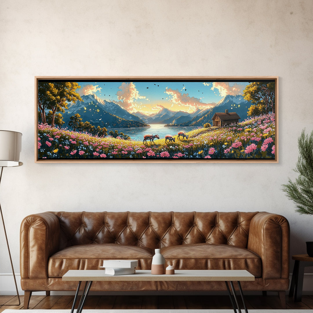 Alpine Lake With Horses And Flower Meadow Wall Art, Mountain Landscape Canvas Print, Rustic Cabin Decor, Living Room Art