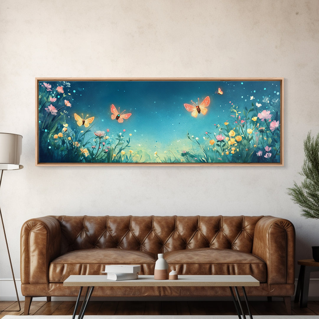 Butterflies Over Teal Wildflower Garden Wall Art, Whimsical Floral Canvas Print, Nursery Decor, Bedroom Wall Decor Gift